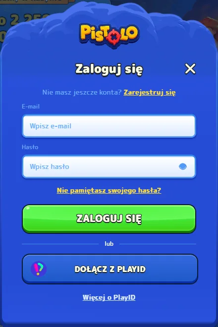 Okno logowania Pistolo Pistolo casino logowanie – okno z polami e-mail i hasło oraz przyciskiem Dołącz z PlayID